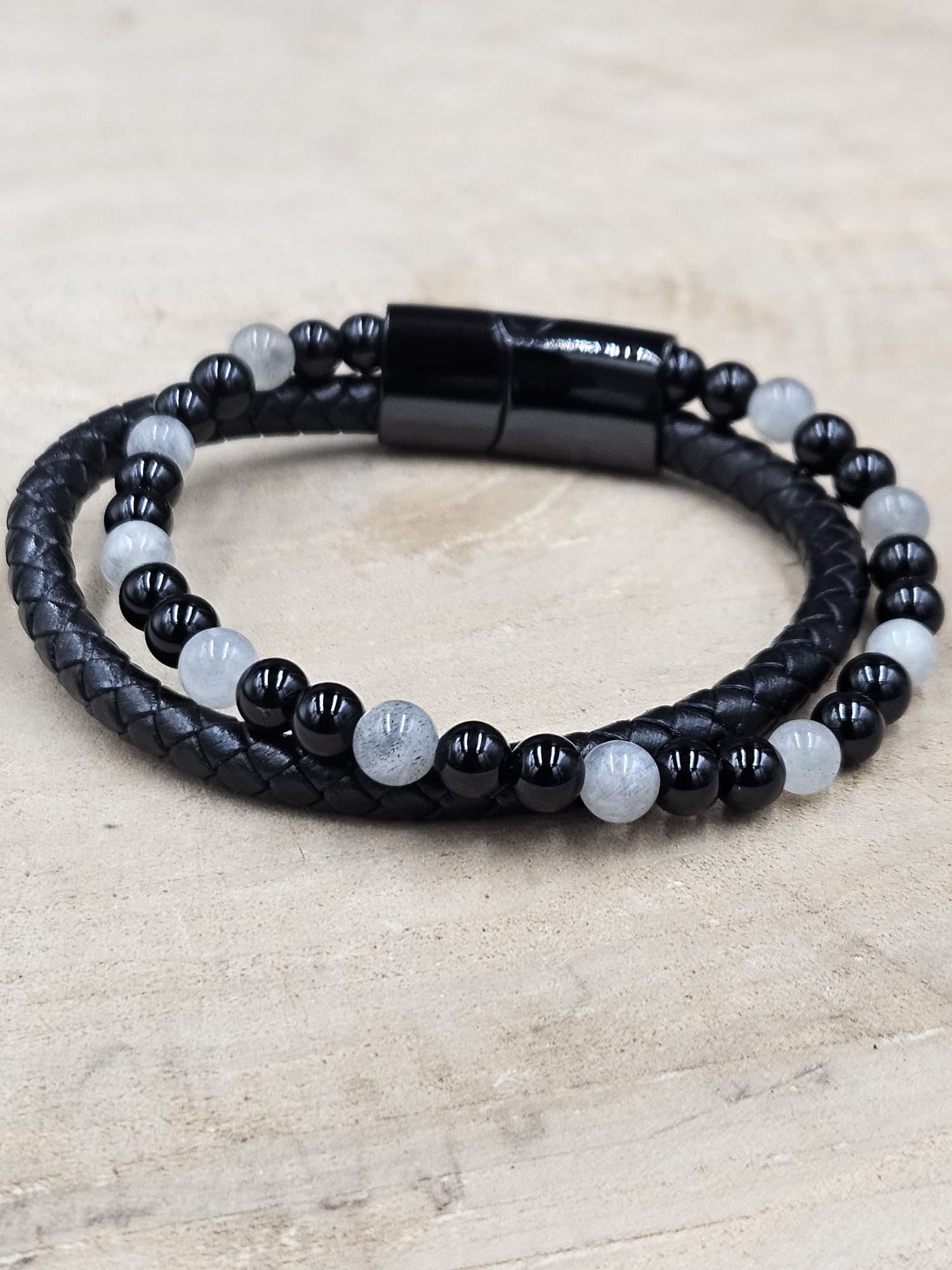 Lederen armband Aska Onyx - Labradoriet