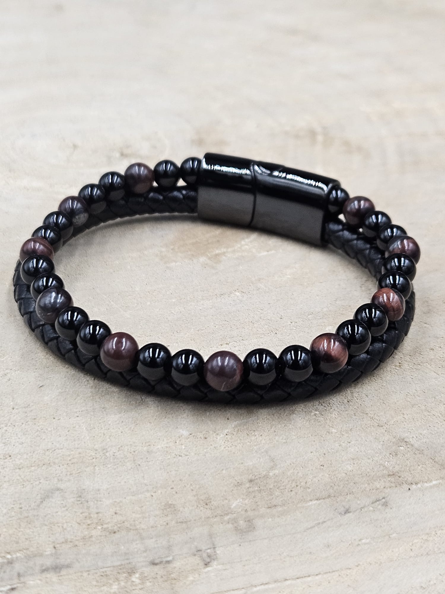 Lederen armband Aska Onyx - Rode Tijgeroog