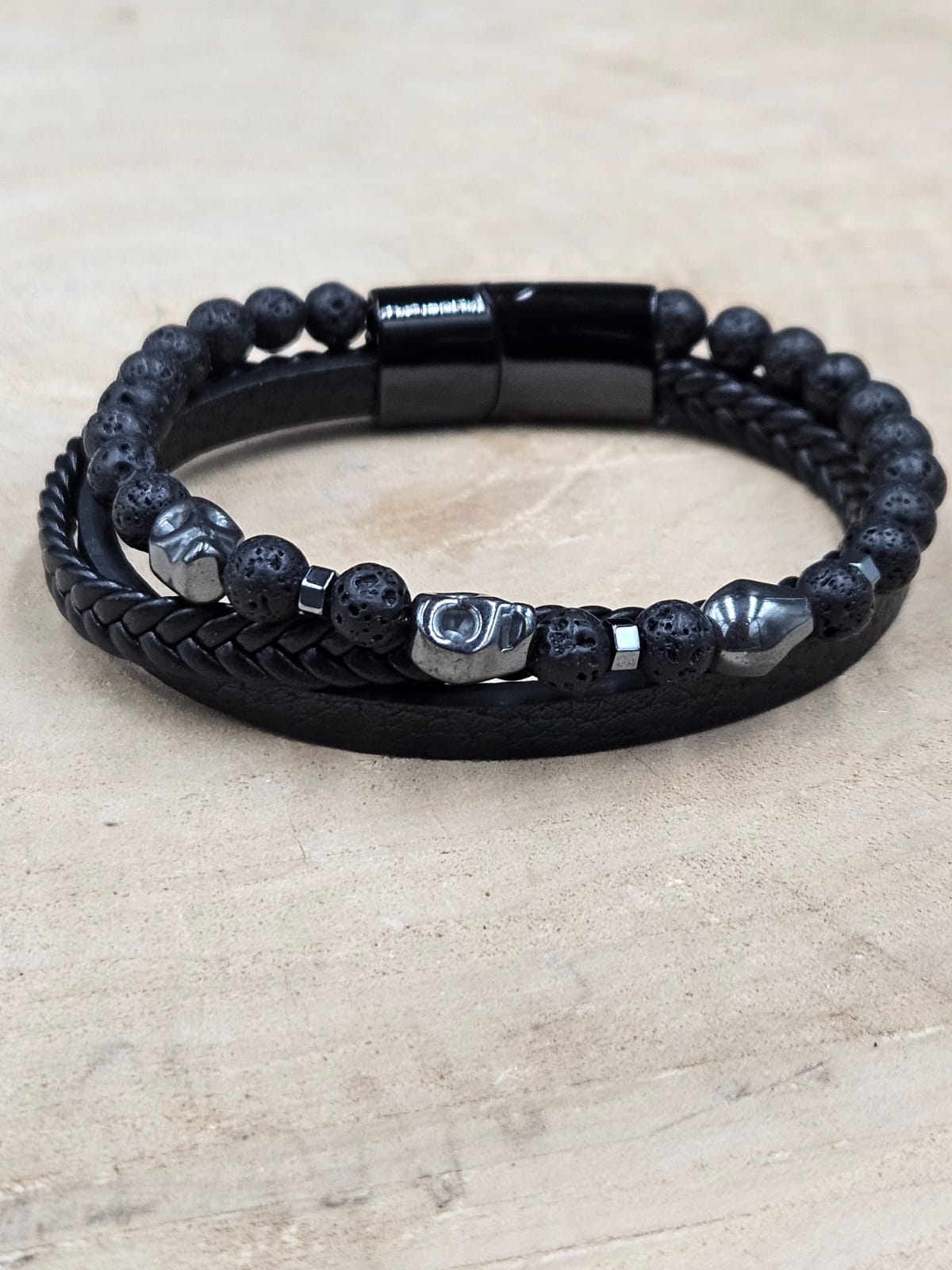 Lederen armband Noxis - Lavasteen